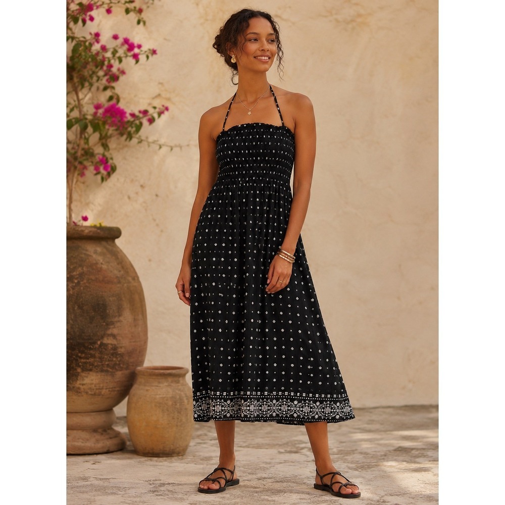 2/$30 Old Navy Sun Midi Dress Women Sz XS Black Smocked Top Neck Tie Summer